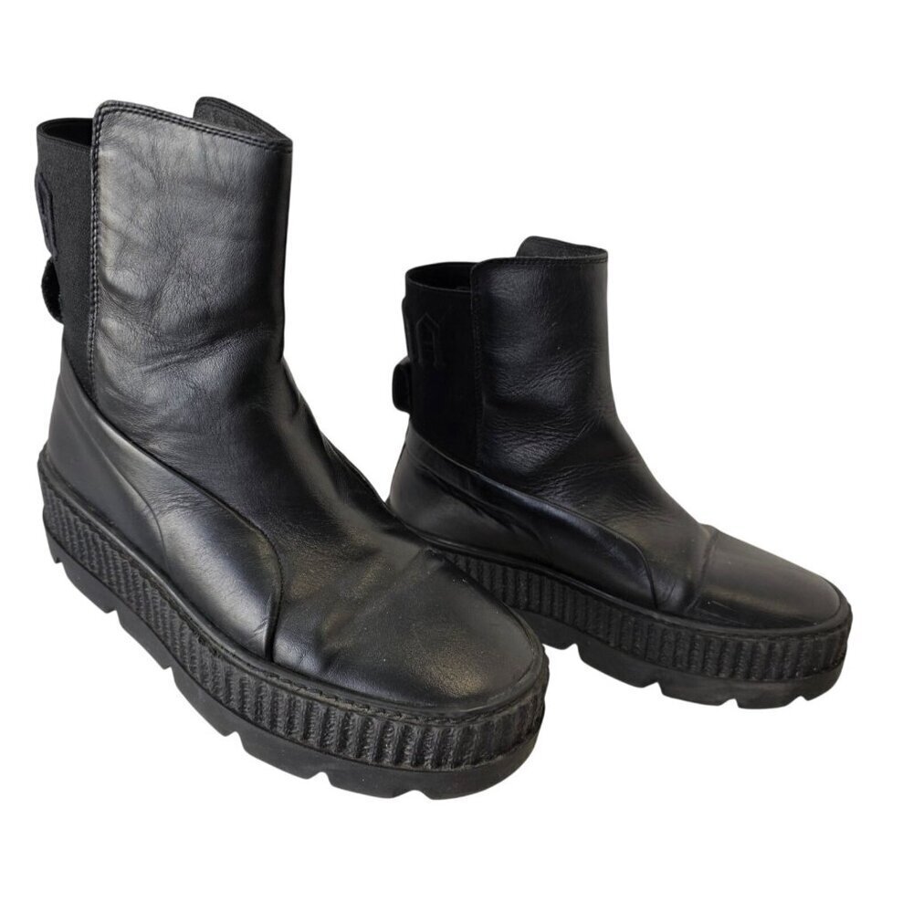 Puma Black Leather Platform Combat Boots Womens Size 8 Lug Sole Shoe